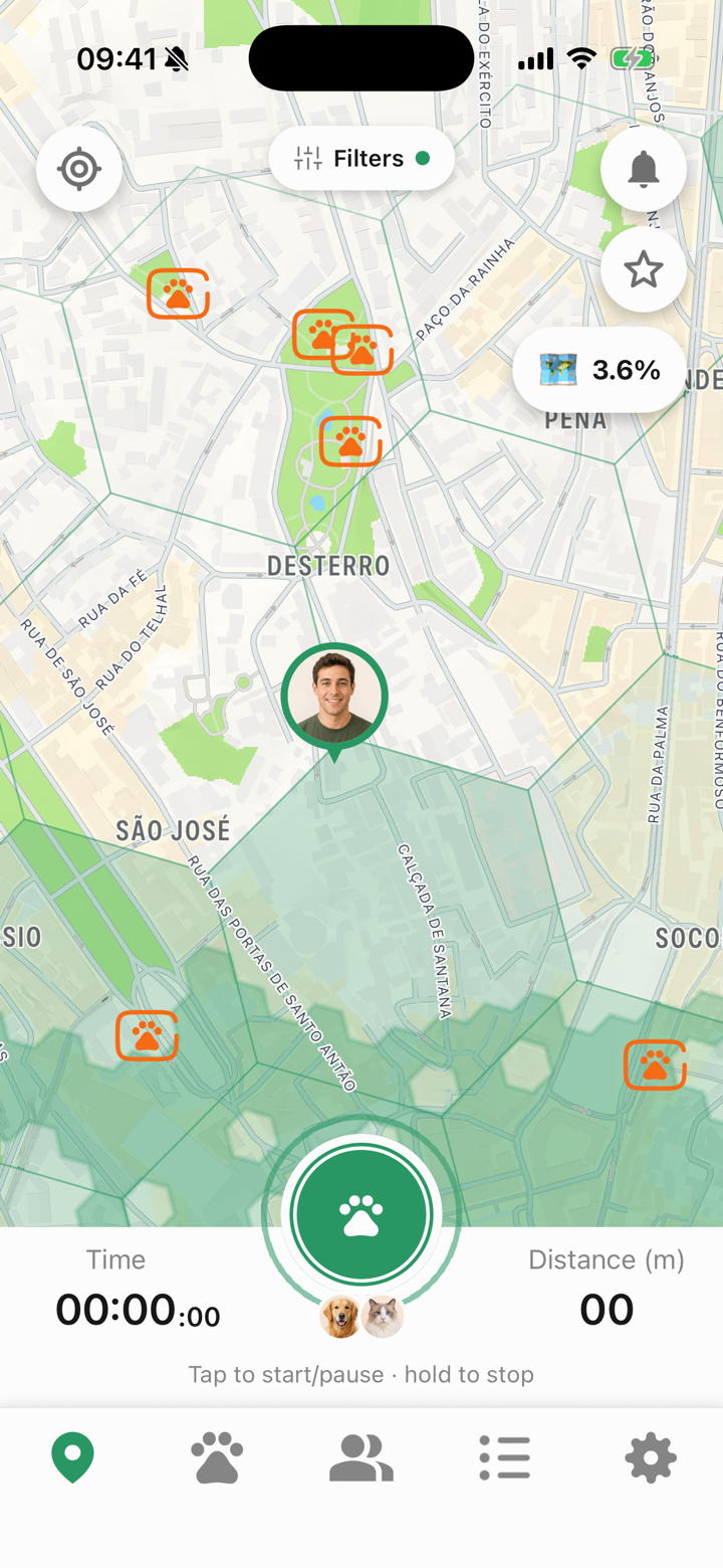 The Pet Walker map with walked areas painted green and the city coverage badge